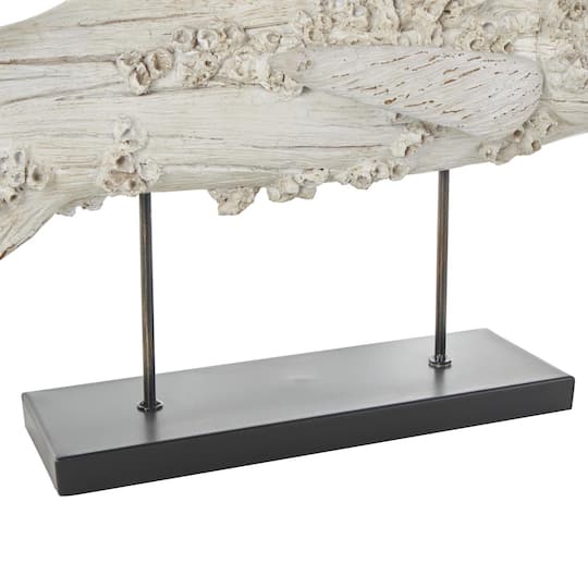 43.5" Cream Polystone Fish Textured Sculpture with Brown Distressing & Black Metal Stand